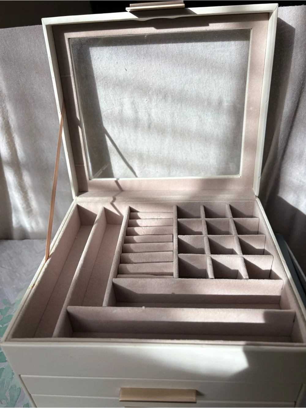 SONGMICS beige  Glass Top Jewelry Box Organizer 2 Drawers Gold Hardware